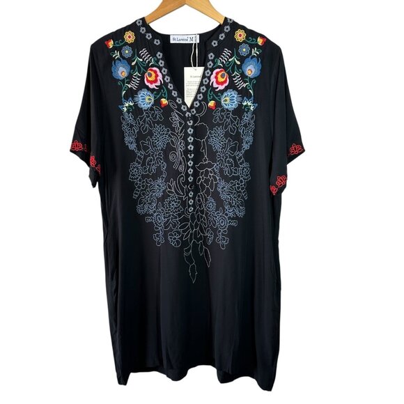 NWT St. Lareina Black Embroidered Dress Floral Boho Tunic Style Casual Medium - Picture 3 of 8